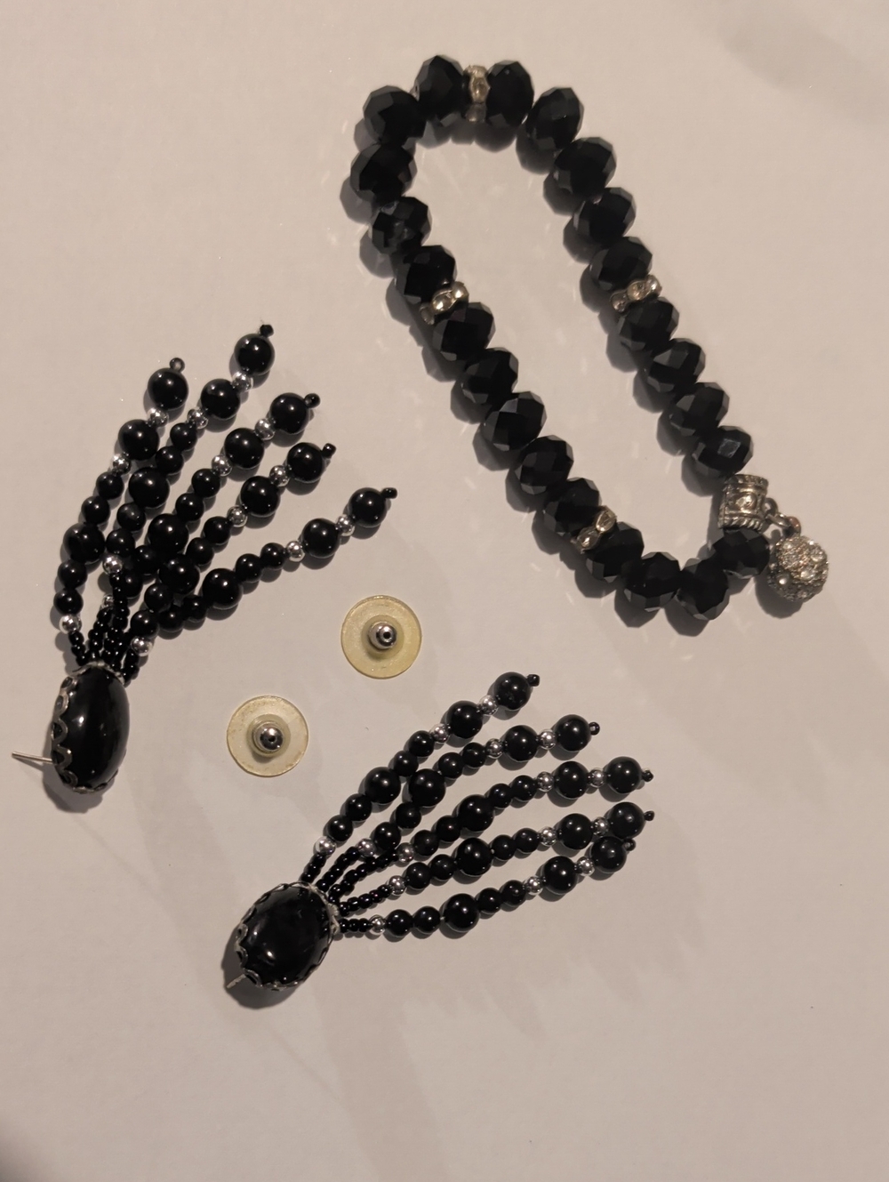 Vtg 1950's Boho Black Beaded Chandelier Earrings & Matching Stretch Bracelet Set
